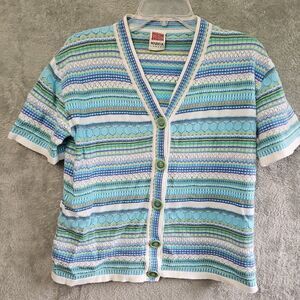 Marisa Canvas Women's Sz Med blue green vneck button sweater short sleeve